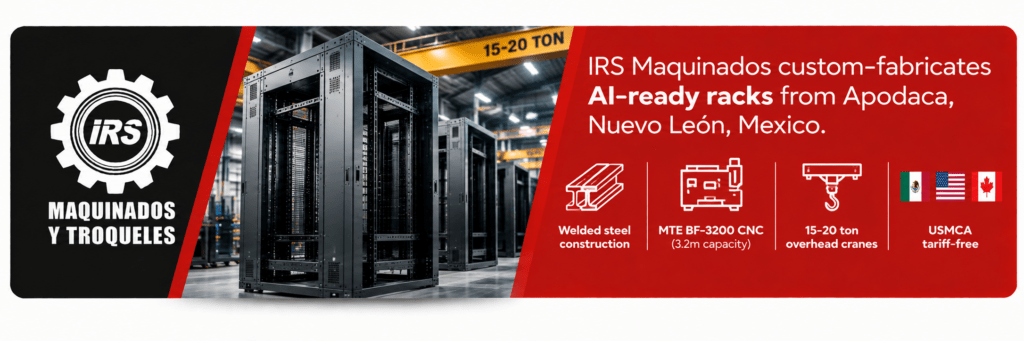  IRS Maquinados custom-fabricates AI-ready racks from Apodaca, Nuevo León, Mexico. Welded steel construction, MTE BF-3200 CNC (3.2m capacity), 15-20 ton overhead cranes. USMCA tariff-free. 