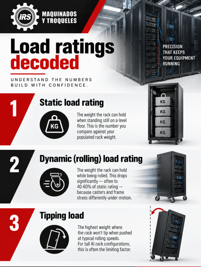 Load ratings decoded Static load rating: the weight the rack can hold when standing still on a level floor. This is the number you compare against your populated rack weight. Dynamic (rolling) load rating: the weight the rack can hold while being rolled. This drops significantly — often to 40-60% of static rating — because casters and frame stress differently under motion. Tipping load: the highest weight where the rack won't tip when pushed at typical rolling speeds. For tall AI rack configurations, this is often the limiting factor. 