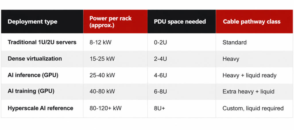 Deployment type Power per rack (approx.) PDU space needed Cable pathway class Traditional 1U/2U servers 8-12 kW 0-2U Standard Dense virtualization 15-25 kW 2-4U Heavy AI inference (GPU) 25-40 kW 4-6U Heavy + liquid ready AI training (GPU) 40-80 kW 6-8U Extra heavy + liquid Hyperscale AI reference 80-120+ kW 8U+ Custom, liquid required 
