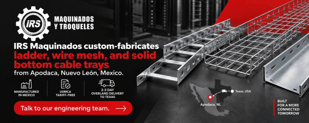 IRS Maquinados custom-fabricates ladder, wire mesh, and solid bottom cable trays from Apodaca, Nuevo León, Mexico. USMCA tariff-free, 2-3 day overland delivery to Texas. 