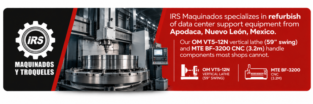 IRS Maquinados specializes in refurbish of data center support equipment from Apodaca, Nuevo León, Mexico. Our OM VT5-12N vertical lathe (59" swing) and MTE BF-3200 CNC (3.2m) handle components most shops cannot.