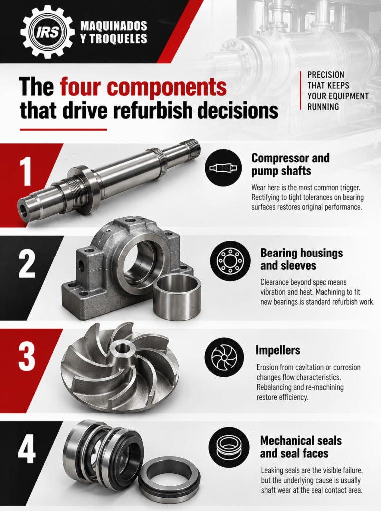 The four components that drive refurbish decisions Compressor and pump shafts: wear here is the most common trigger. Rectifying to tight tolerances on bearing surfaces restores original performance. Bearing housings and sleeves: clearance beyond spec means vibration and heat. Machining to fit new bearings is standard refurbish work. Impellers: erosion from cavitation or corrosion changes flow characteristics. Rebalancing and re-machining restore efficiency. Mechanical seals and seal faces: leaking seals are the visible failure, but the underlying cause is usually shaft wear at the seal contact area.