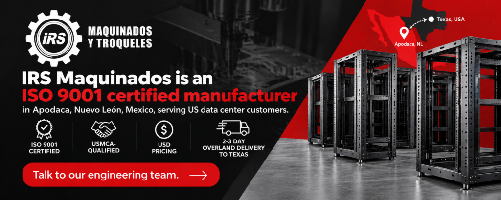 IRS Maquinados is an ISO 9001 certified manufacturer in Apodaca, Nuevo León, Mexico, serving US data center customers. USMCA-qualified, USD pricing, 2-3 day overland delivery to Texas. 