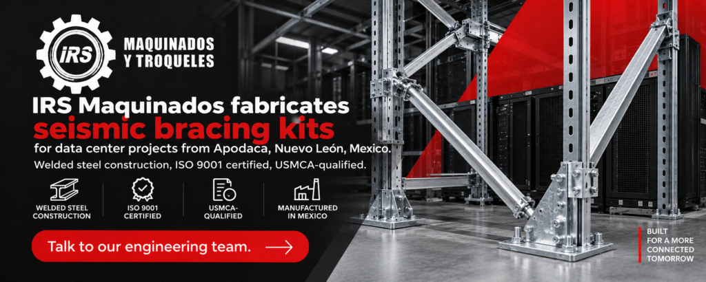  IRS Maquinados fabricates seismic bracing kits for data center projects from Apodaca, Nuevo León, Mexico. Welded steel construction, ISO 9001 certified, USMCA-qualified. 